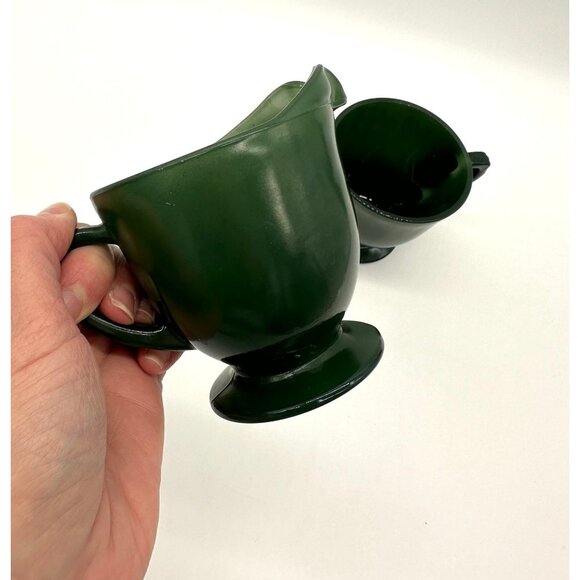 Vintage Creamer Sugar Bowl Set Dark Green Glass Footed Double Handle Christmas - Picture 6 of 9